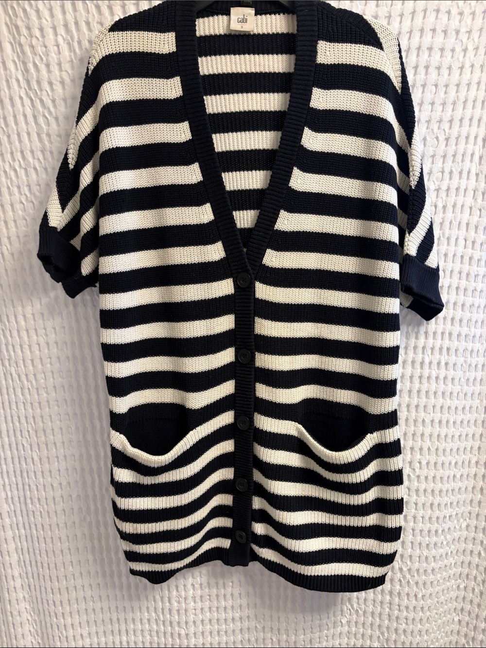 Cabi Black and Cream Striped Button Front Cardigan, hits above the knee